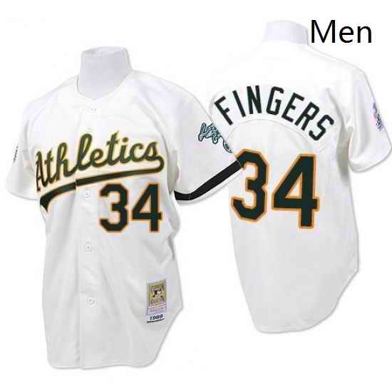 Mens Mitchell and Ness Oakland Athletics 34 Rollie Fingers Authentic White Throwback MLB Jersey